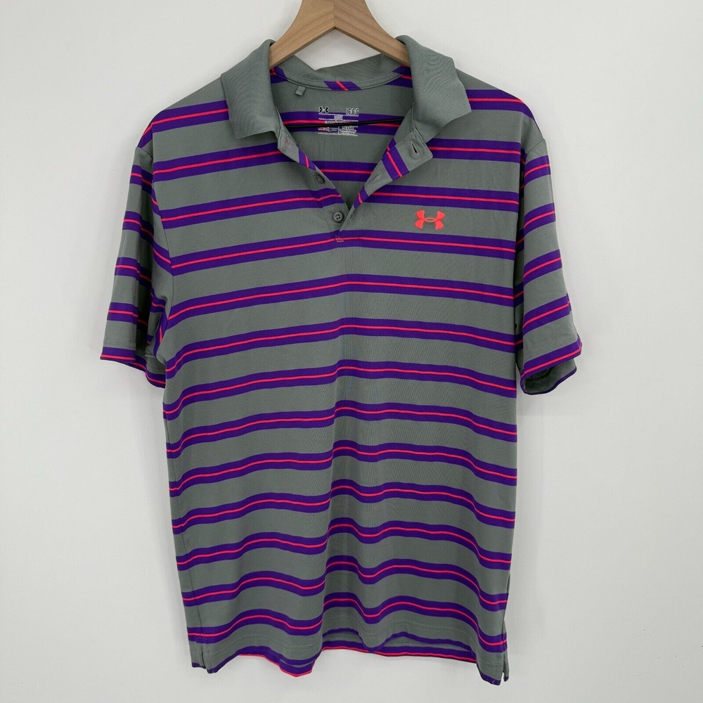 Under Armour Mens Golf Polo Size‎ Large Purple Colorful Short Sleeve Heat Gear